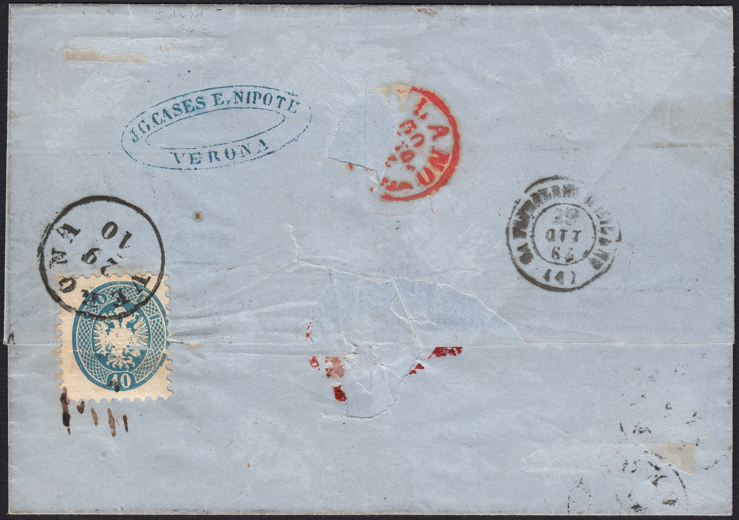 ND96 - 1864 - Lettera raccomandata spedita da Verona per Milano 29/10/64 affrancata con IV emissione 2s. giallo x 3 + 10s. azzurro + altro a verso (36+38)