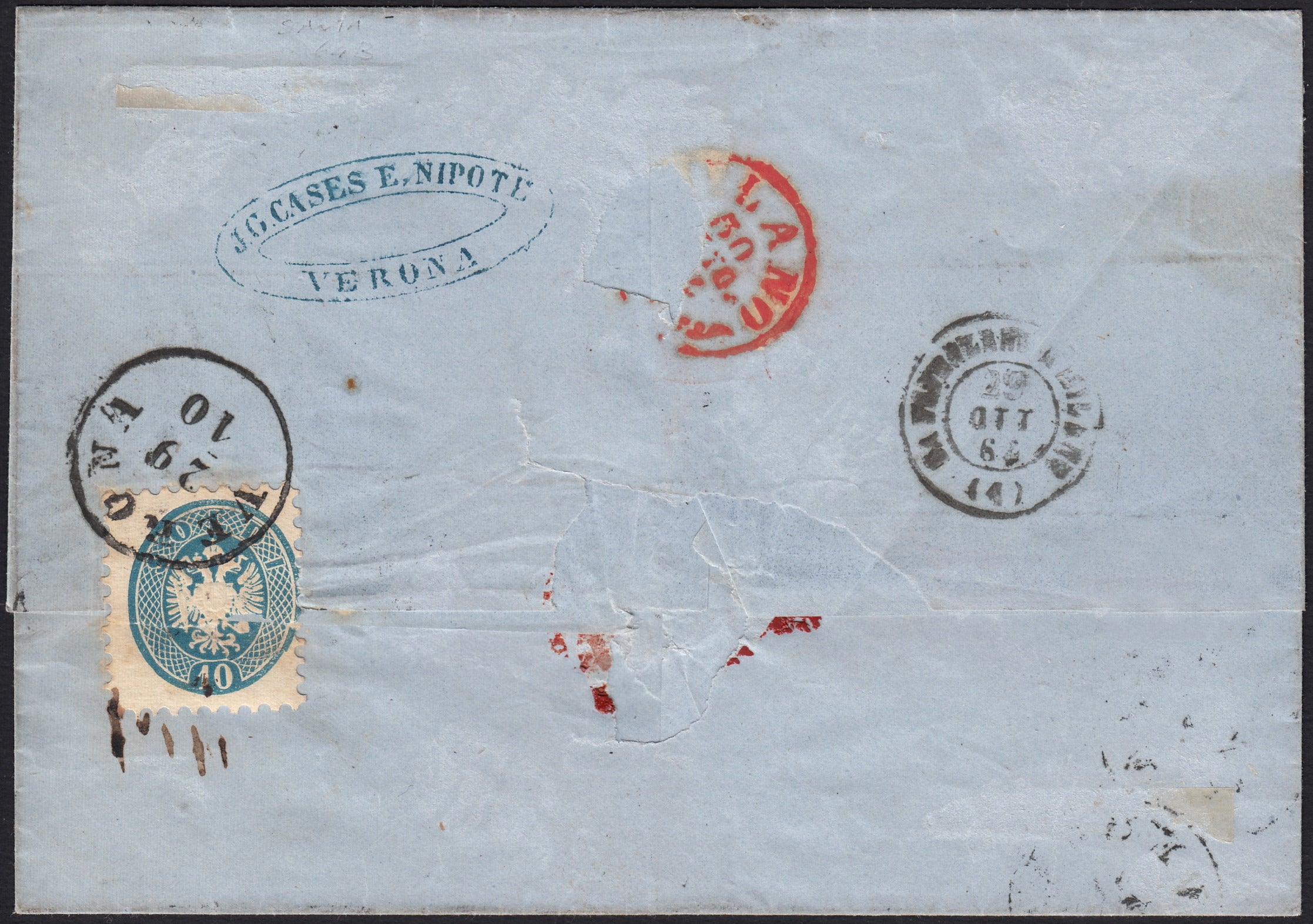 ND96 - 1864 - Lettera raccomandata spedita da Verona per Milano 29/10/64 affrancata con IV emissione 2s. giallo x 3 + 10s. azzurro + altro a verso (36+38)