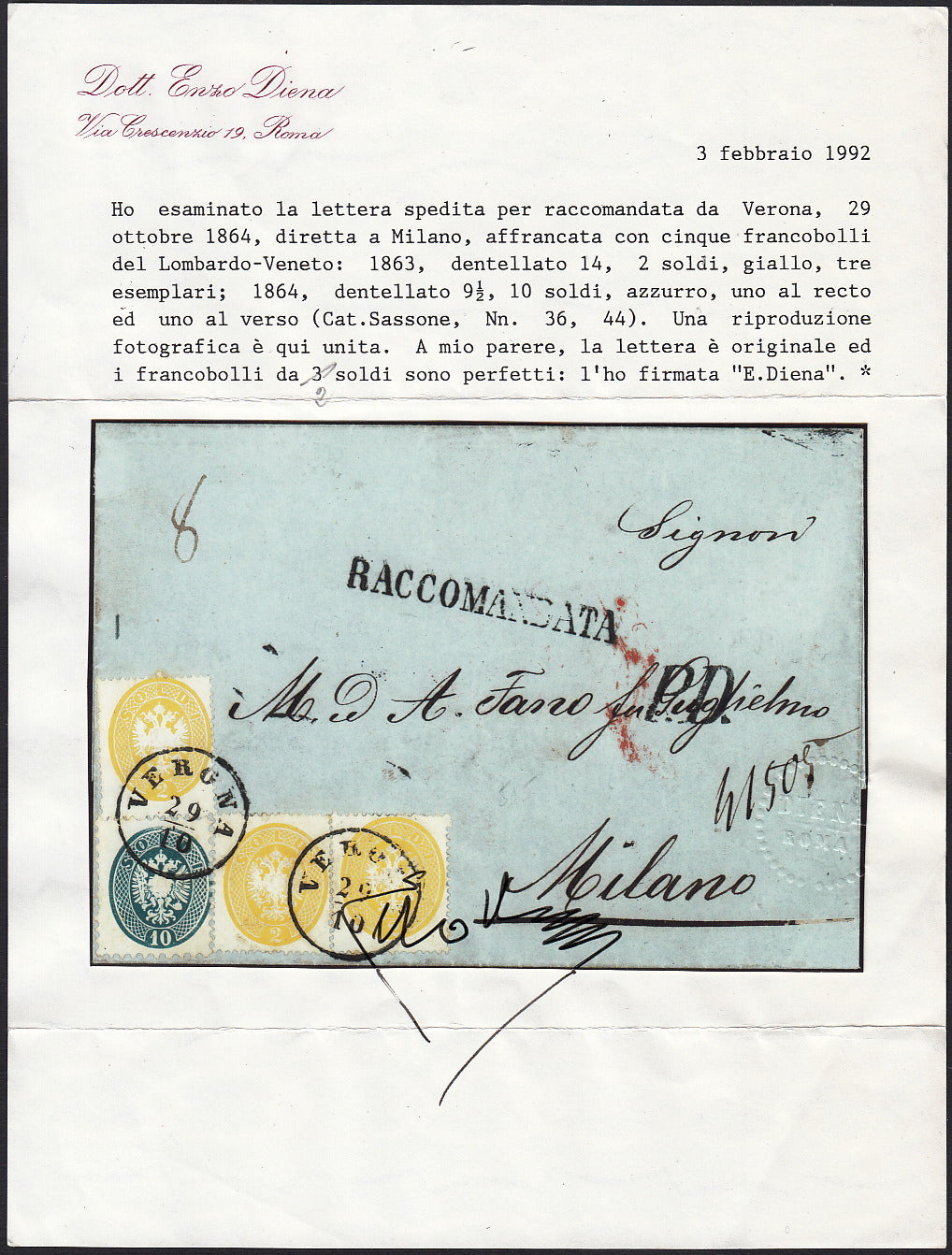 ND96 - 1864 - Lettera raccomandata spedita da Verona per Milano 29/10/64 affrancata con IV emissione 2s. giallo x 3 + 10s. azzurro + altro a verso (36+38)