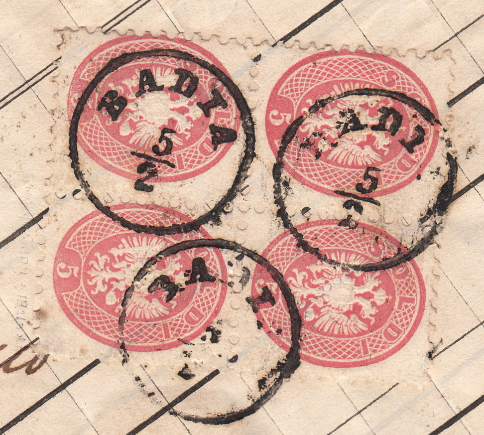 ND98 - 1865 - Lettera raccomandata spedita da Badia per Rovigo affrancata con V emissione 5 soldi rosa quartina + a verso coppia (43)