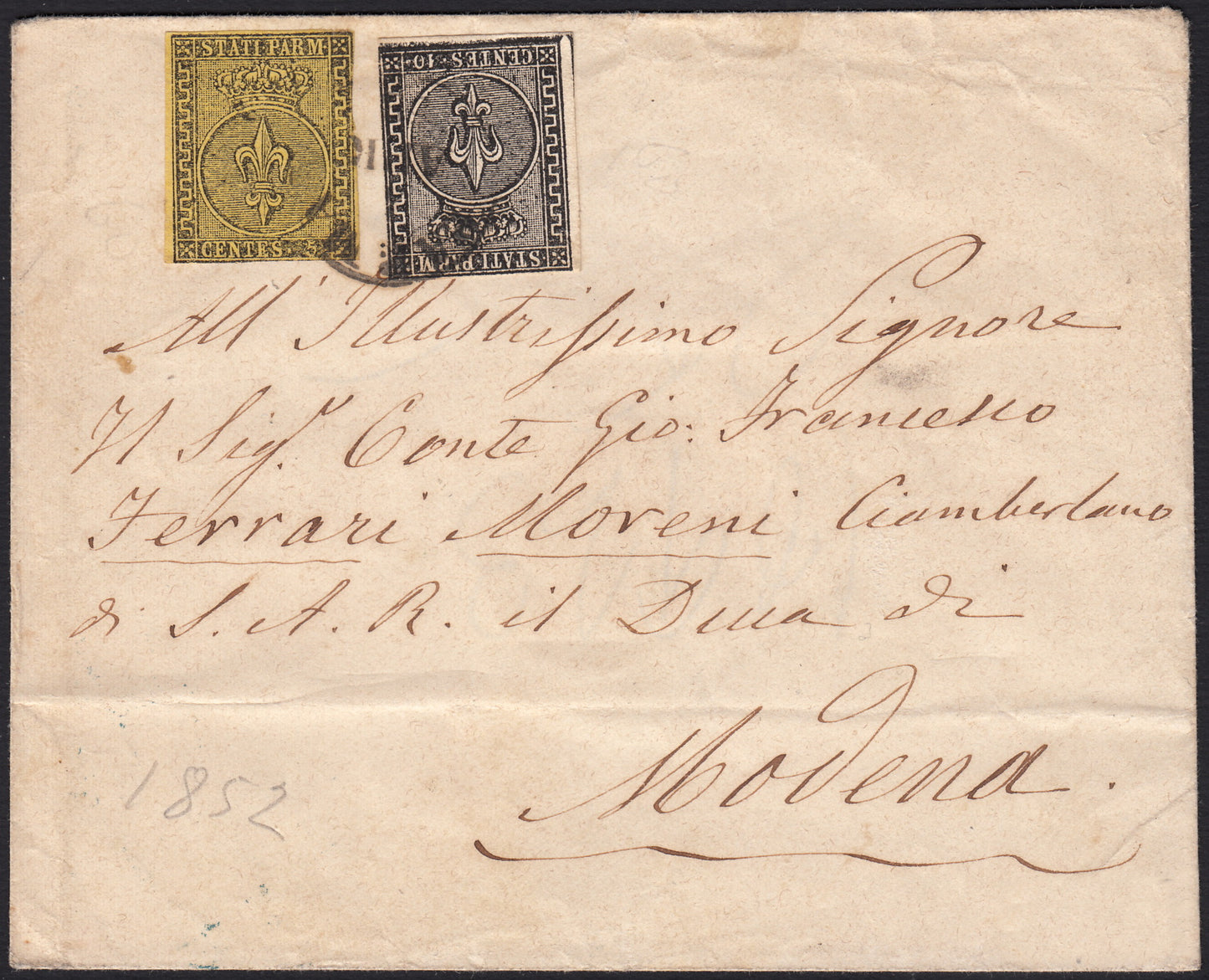 ND99 - 1852 - Ducato di Parma, I emissione c. 5 giallo +c. 10 bianco da Piacenza per Modena  (1+2)