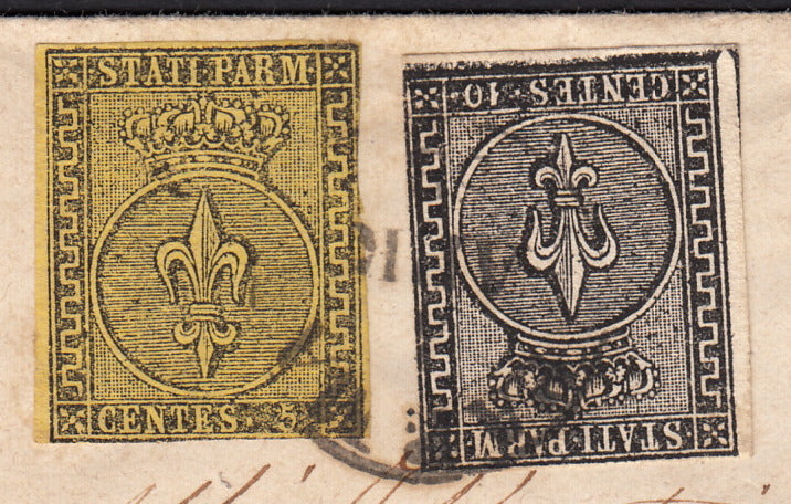 ND99 - 1852 - Ducato di Parma, I emissione c. 5 giallo +c. 10 bianco da Piacenza per Modena  (1+2)