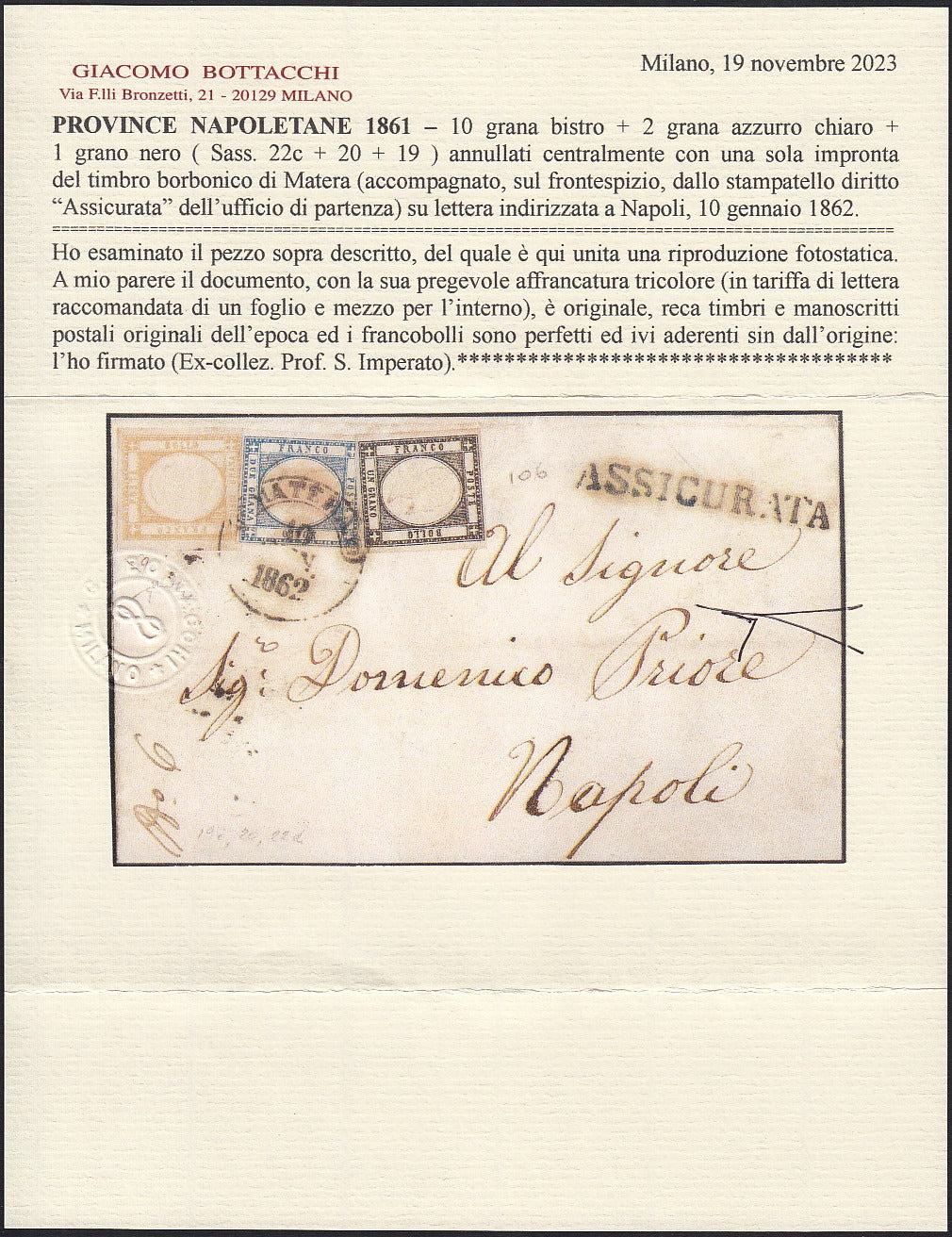 NPRSP24 - Lettera spedita da Matera per Napoli 10/1/62 con tricolore gr. 1 nero intenso + gr, 2 azzurro chiaro + gr. 10 bistro arancio (19c + 20 + 22d)