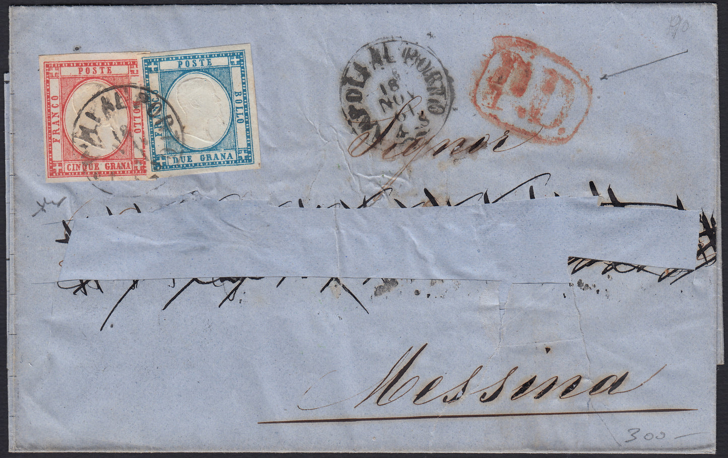 NPRSP37 - 1861 lettera spedita da Napoli al Porto per Messina 18/11/61 affrancata con 2 grana azzurro + 5 grana rosso carminio (20b + 21)