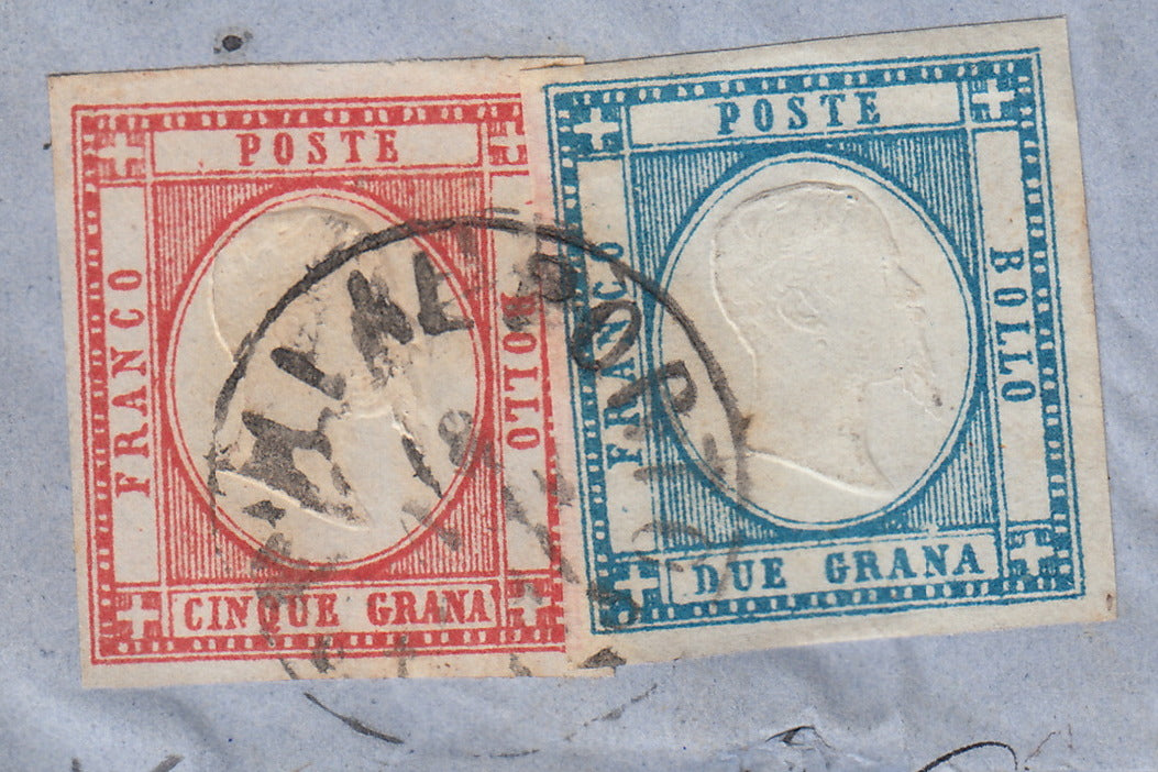 NPRSP37 - 1861 lettera spedita da Napoli al Porto per Messina 18/11/61 affrancata con 2 grana azzurro + 5 grana rosso carminio (20b + 21)