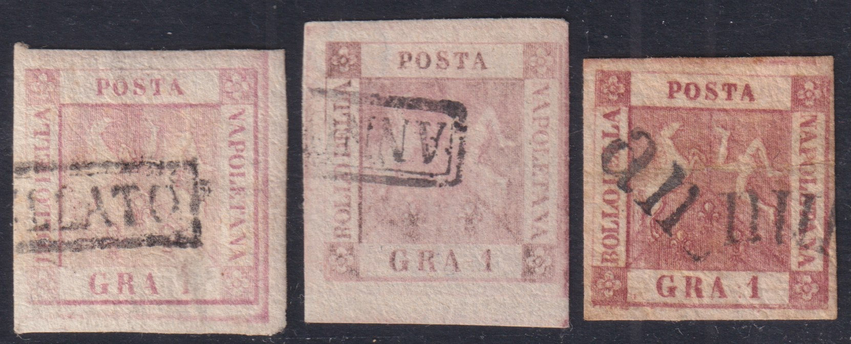 NAP52 - 1858 - Stemma delle Due Sicilie, 1 grano II tavola tre esemplari firmati e catalogati (4, 4, 4c)
