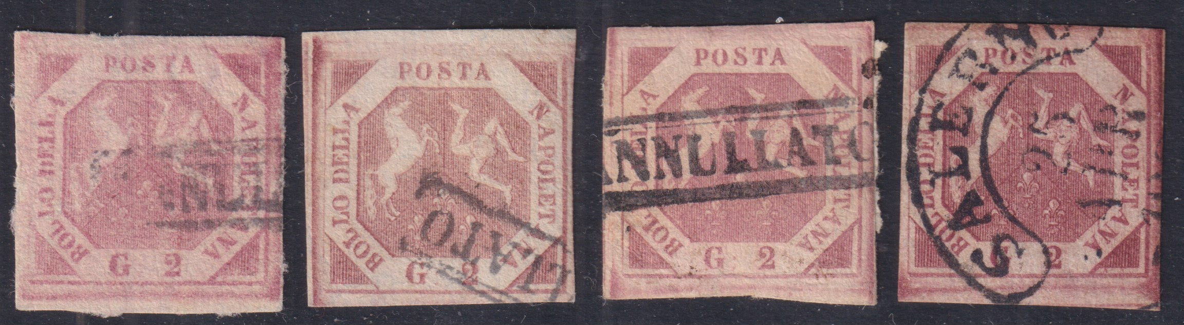 NAP53 - 1858 - Stemma delle Due Sicilie, 2 grana I tavola quattro esemplari in gradazioni di colore differenti (5a, 5c, 5f, 5g)