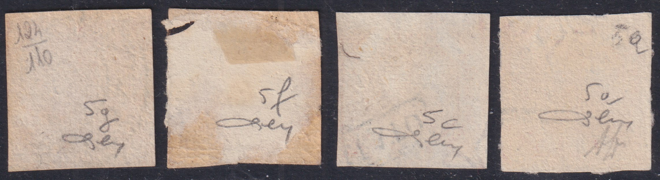 NAP53 - 1858 - Stemma delle Due Sicilie, 2 grana I tavola quattro esemplari in gradazioni di colore differenti (5a, 5c, 5f, 5g)