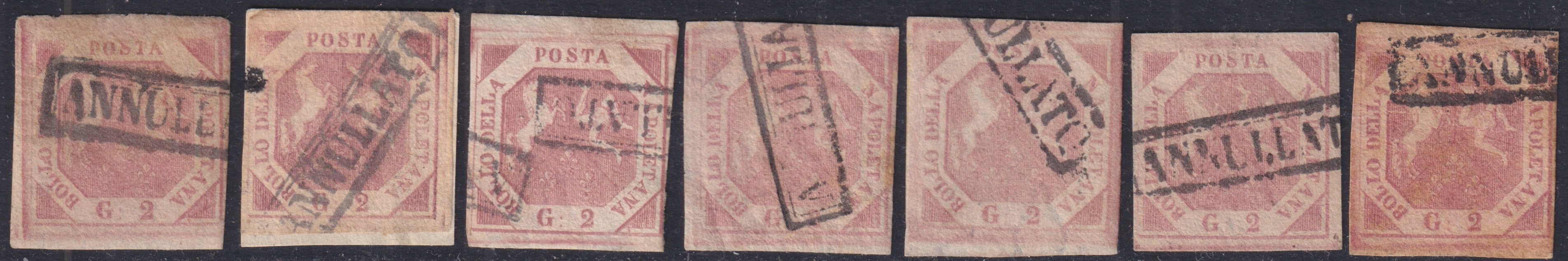 NAP54 - 1858 - Stemma delle Due Sicilie, 2 grana I tavola lotto di sette esemplari per studio, usati (5c e gradazioni)