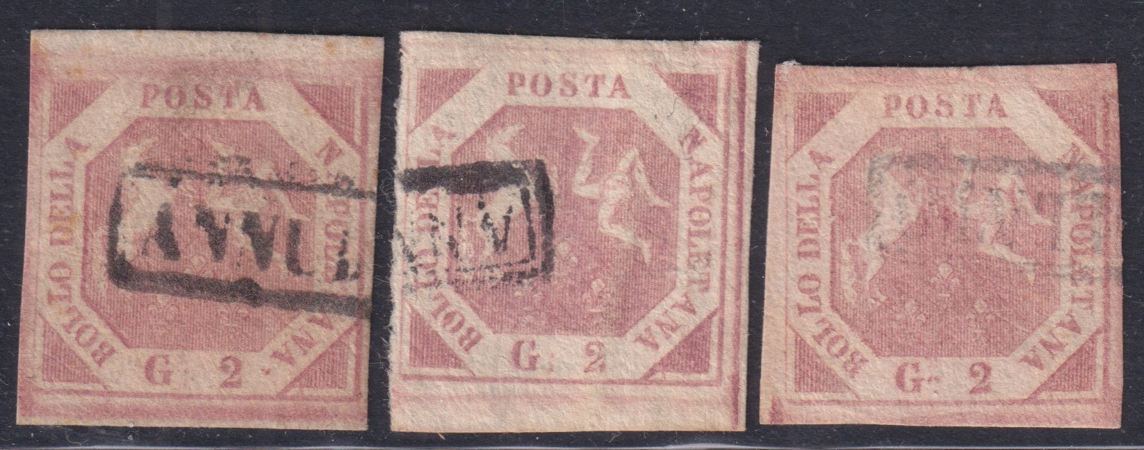 NAP55 - 1858 - Stemma delle Due Sicilie, 2 grana I tavola lotto di tre esemplari per studio, usati (5c)