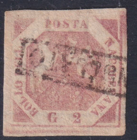 NAP57 - 1858 - Stemma delle Due Sicilie, 2 grana rosa brunastro I tavola filigrana MONOGRAMMA B.T. usato (5w)