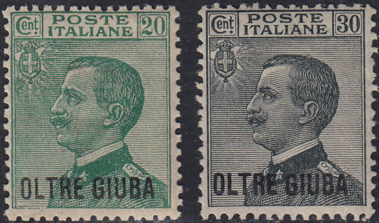 OG12 - 1925 - Oltre Giuba serie ordinaria, 2 valori con soprastampa in carattere bastoncino "OLTRE GIUBA" nuovi gomma integra (16/17)