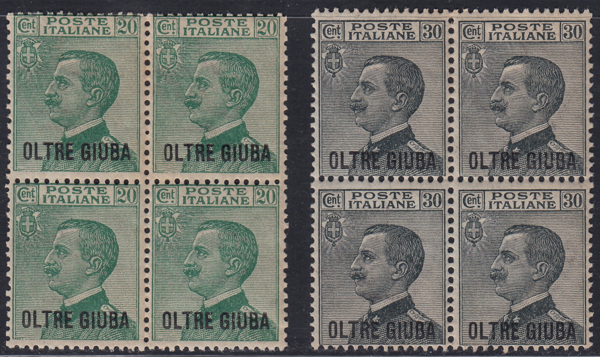 OG14- 1925 - Oltre Giuba serie ordinaria, 2 valori con soprastampa in carattere bastoncino "OLTRE GIUBA" in quartine nuove gomma integra (16/17)