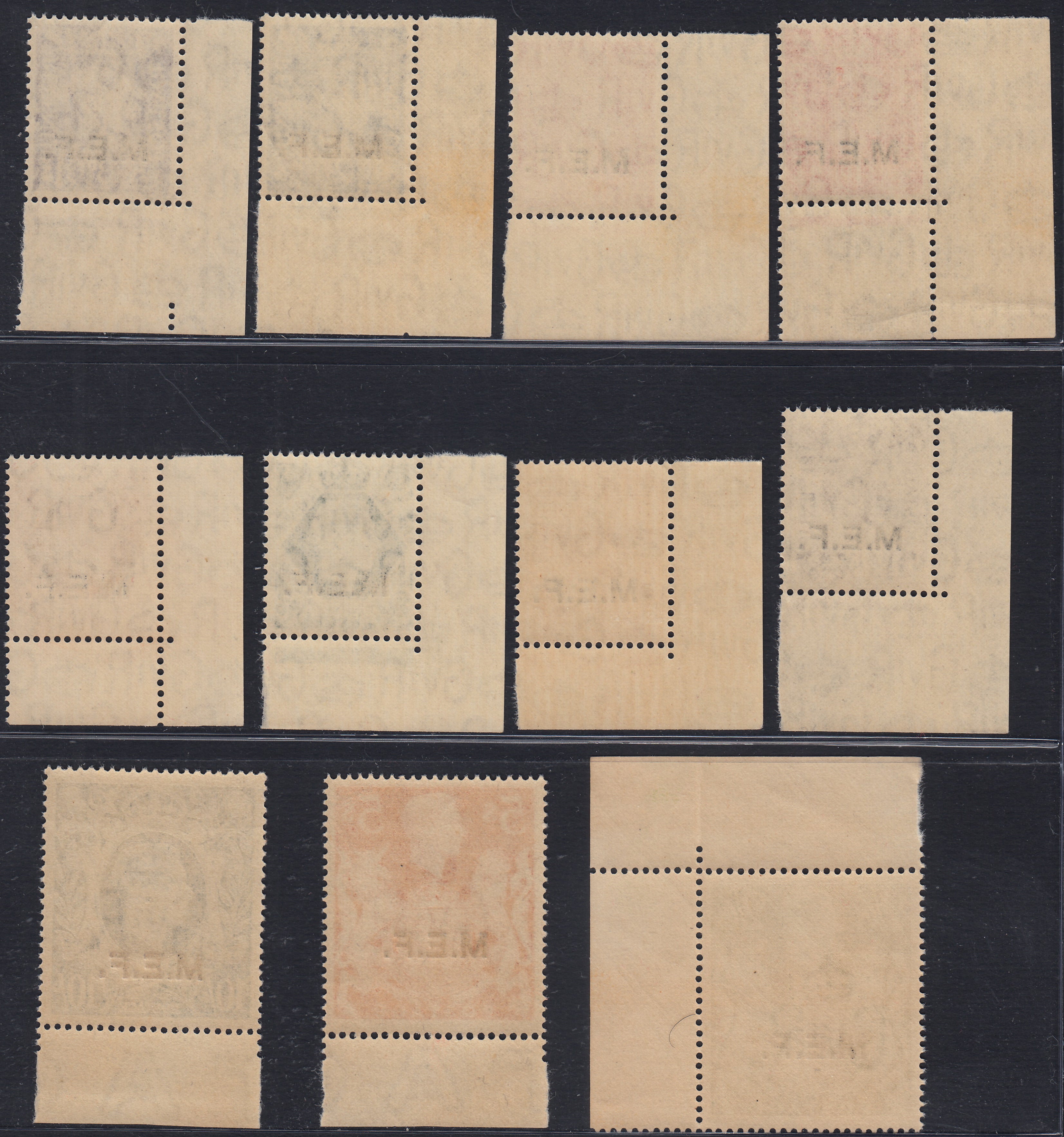 MEF2 1943/47 - Francobolli di Gran Bretagna, effigie di Giorgio VI soprastampati M.E.F. tiratura di Londra nuovi con gomma integra (6/16)