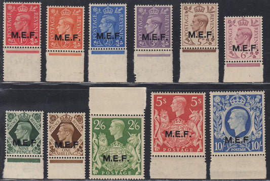 MEF3 1943/47 - Francobolli di Gran Bretagna, effigie di Giorgio VI soprastampati M.E.F. tiratura di Londra nuovi con gomma integra (6/16)