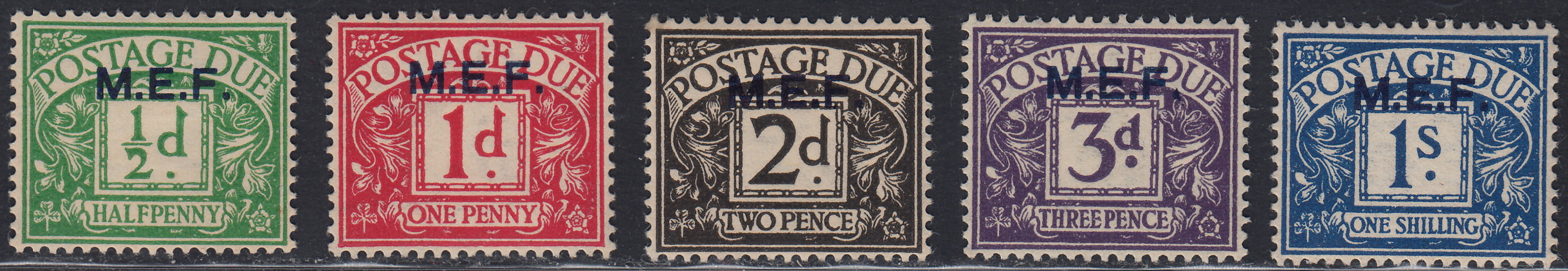 MEF4 1942 - Segnatasse di Gran Bretagna soprastampate M.E.F. in azzurro, serie di 5 valori nuovi con gomma integra (1/5)
