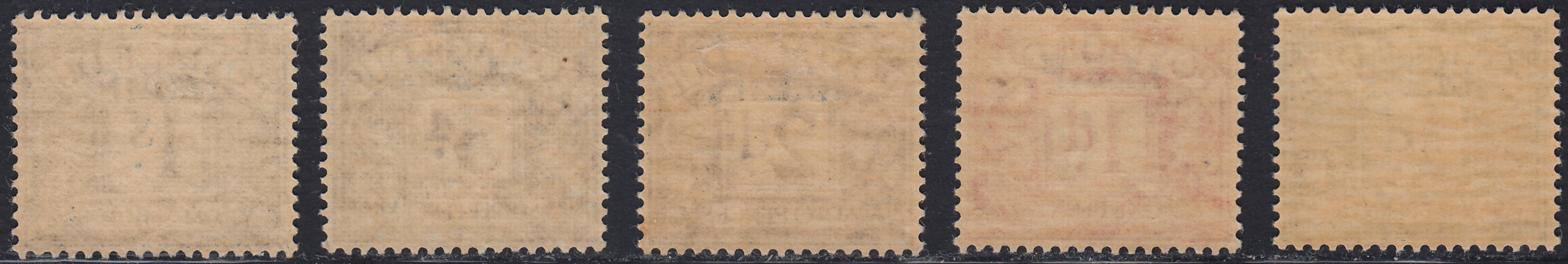 MEF4 1942 - Segnatasse di Gran Bretagna soprastampate M.E.F. in azzurro, serie di 5 valori nuovi con gomma integra (1/5)