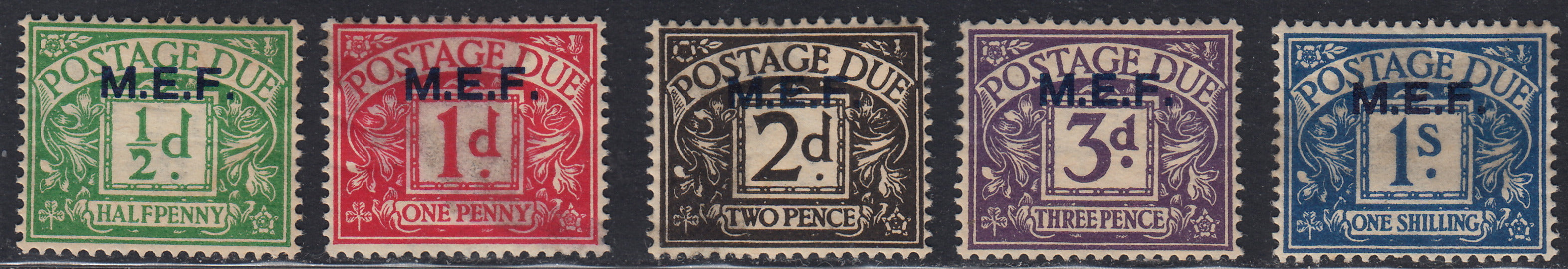 MEF5 1942 - Segnatasse di Gran Bretagna soprastampate M.E.F. in azzurro, serie di 5 valori nuovi con gomma originale (1/5)
