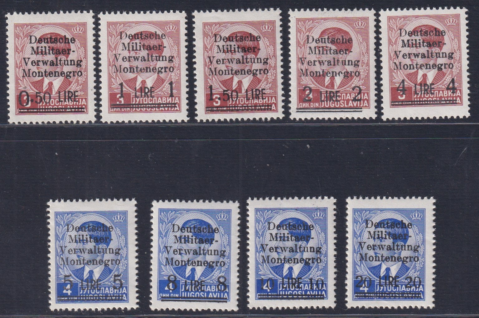 OTM4 - Occupazione Tedesca del Montenegro, francobolli di Jugoslavia soprastampati "Deutsche Militaer-Verwaltung Montenegro" nuovi (1/9)