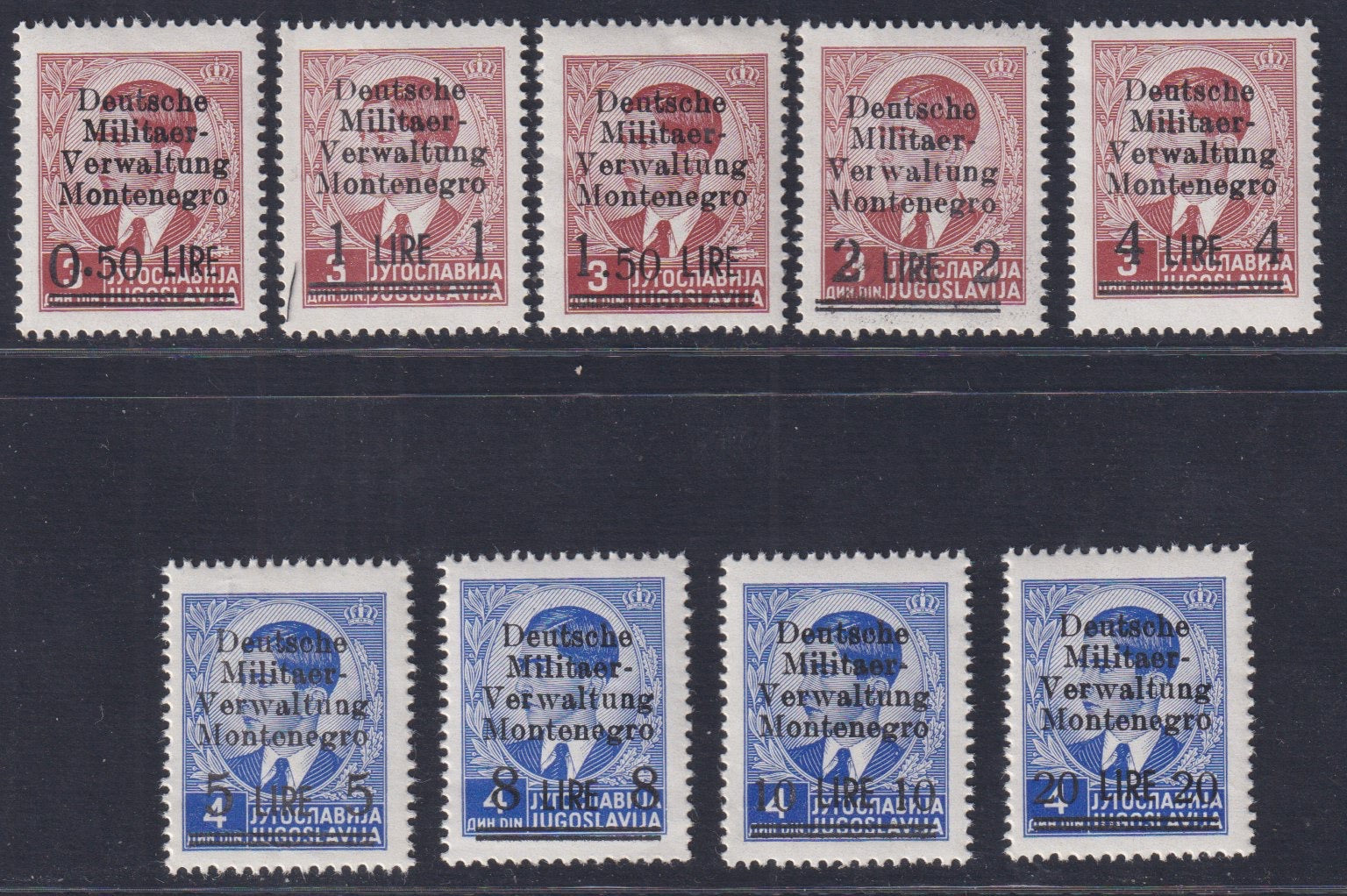 OTM5 - Occupazione Tedesca del Montenegro, francobolli di Jugoslavia soprastampati "Deutsche Militaer-Verwaltung Montenegro" nuovi (1/9)