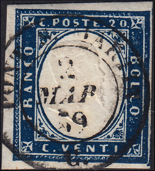 PA200 1859 - Sardinia IV issue c. 20 overseas indigo I table used Pont S. Martin (15Bb, points 8).