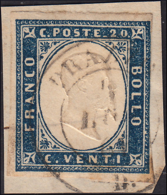 PA202 1859 - Sardinia IV issue c. 20 greyish cobalt I table used PRAZZO (15Cb, 12 points).