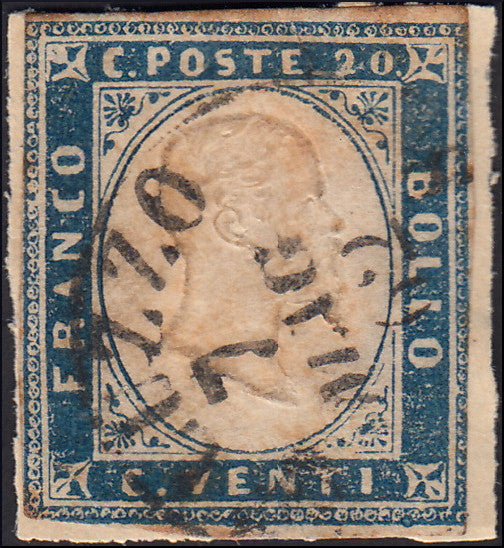 PA208 1859 - Sardegna IV emissione c. 20 azzurro I tavola stampa povera usato (15B).