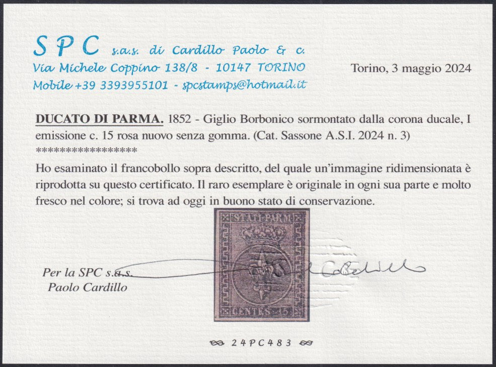 PAR55 - 1852 - I emissione c. 15 rosa nuovo senza gomma, estremamente raro (3). Certificato Cardillo.