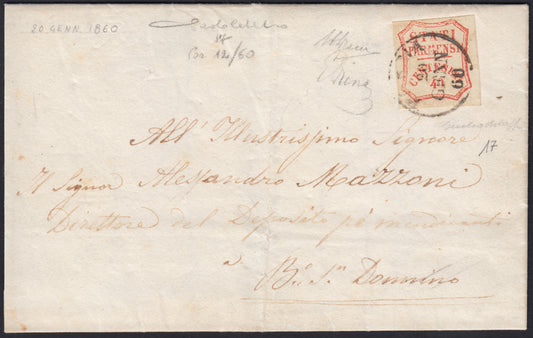 ParProvSp3 - 1860 - STATES OF PARME and value in an octagon with curved lines, c. 40 vermilion on letter from PARMA to Borgo San Donnino 20/1/60 (17)