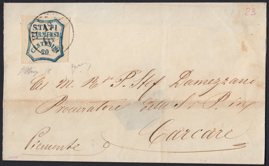 ParProvSp4 - 1860 - Letter sent from Parma to Carcare 12/1/60 franked with c.20 light blue (15). 