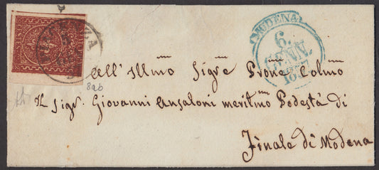 ParSP13 - 1857 - Duchy of Parma, II issue c. 25 dark red brown on letter from Piacenza to Finale di Modena 5/1/57 (8a)