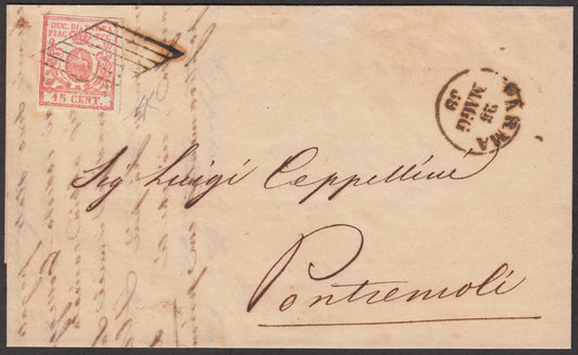 PARSP14 - 1859 - III emissione c.15 vermiglio su lettera da Parma a Pontremoli 25/5/59, periodo di guerra (9)