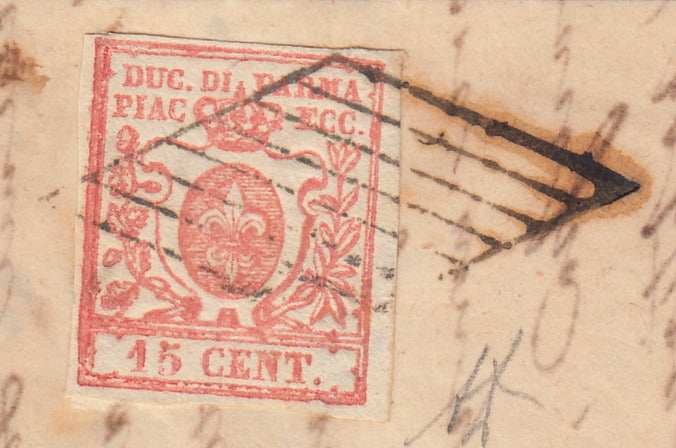 PARSP14 - 1859 - III emissione c.15 vermiglio su lettera da Parma a Pontremoli 25/5/59, periodo di guerra (9)