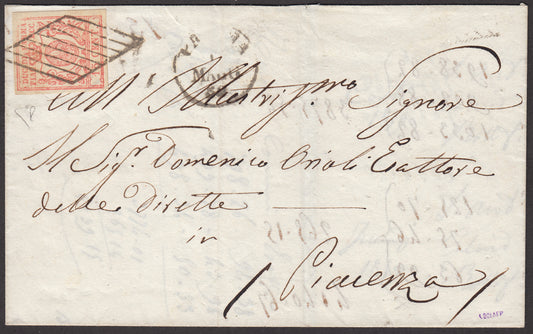 PARSP20 - 1859 - Provisional Government of Parma II period, III issue c. 15 vermilion sent from Parma to Piacenza 19/5/59 (9)