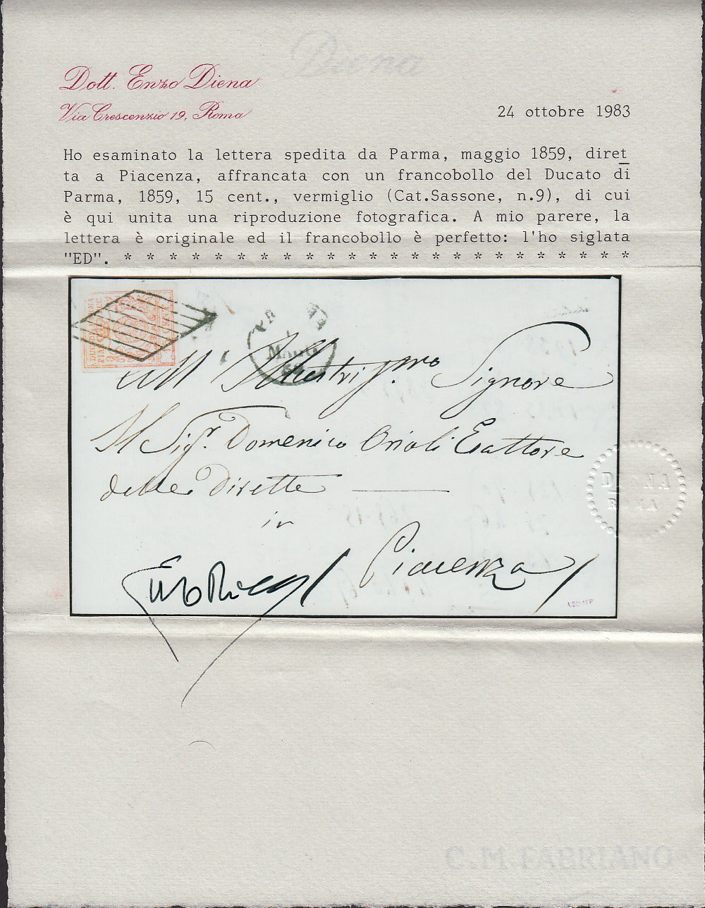 PARSP20 - 1859 - Governo Provvisorio di Parma II periodo, III emissione c. 15 vermiglio spedito da Parma per Piacenza 19/5/59 (9)