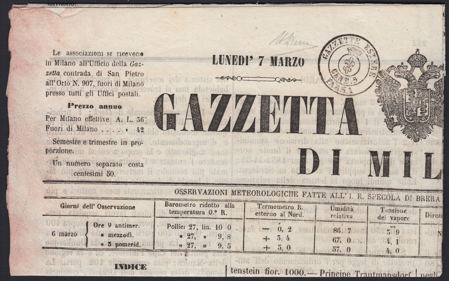 ParSP23 - 1853 - Ducato di Parma, segnatasse per giornali, giornale con bollo GAZZETTE ESTERE PARMA CENT. 9 (B1)