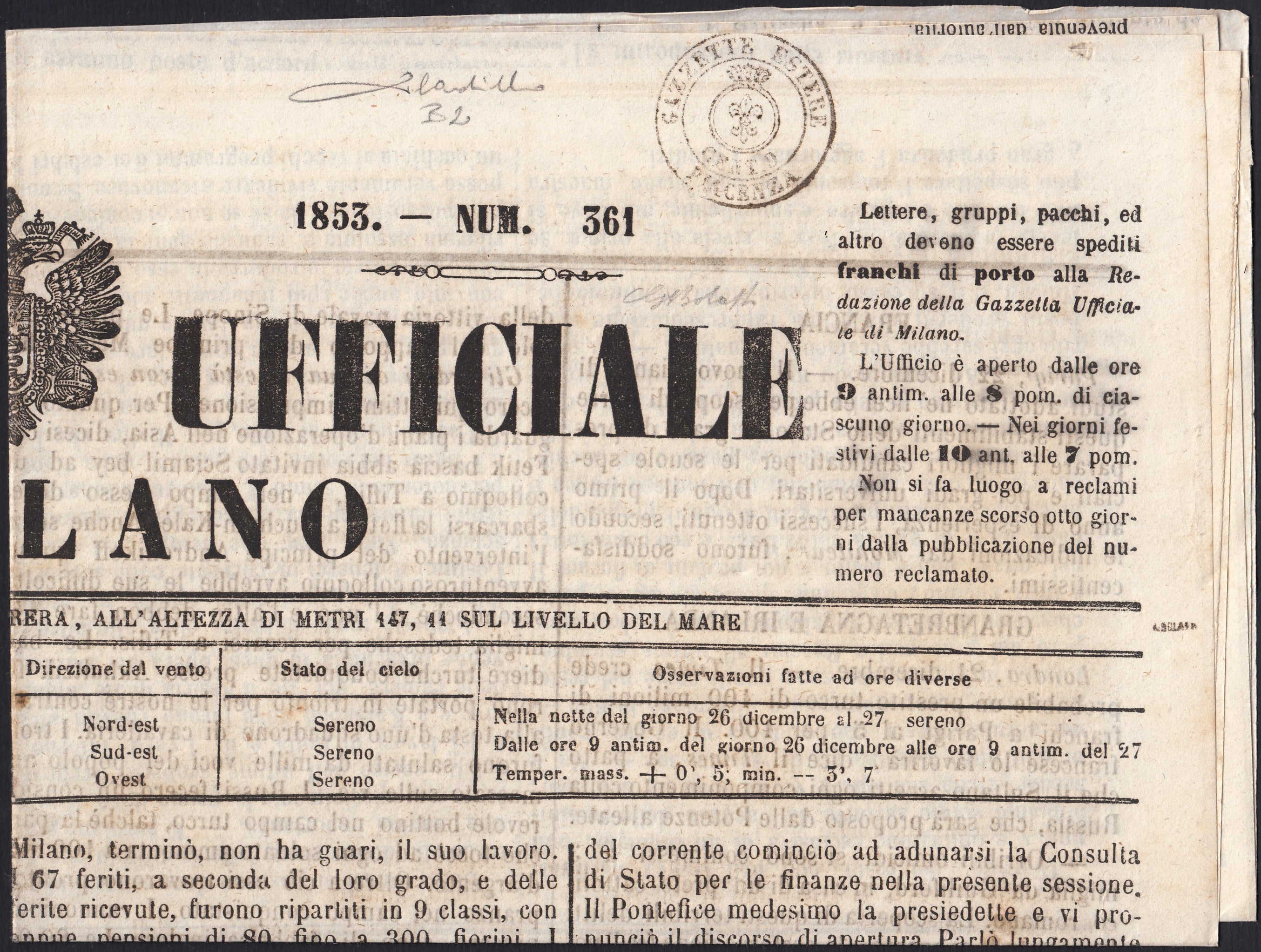 PARSP29 - Ducato di Parma, segnatasse per giornali, giornale con bollo GAZZETTE ESTERE PIACENZA CENT. 9 (B2)