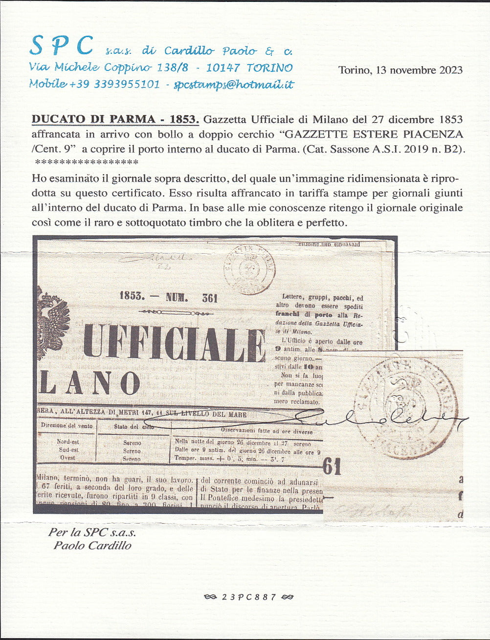 PARSP29 - Ducato di Parma, segnatasse per giornali, giornale con bollo GAZZETTE ESTERE PIACENZA CENT. 9 (B2)