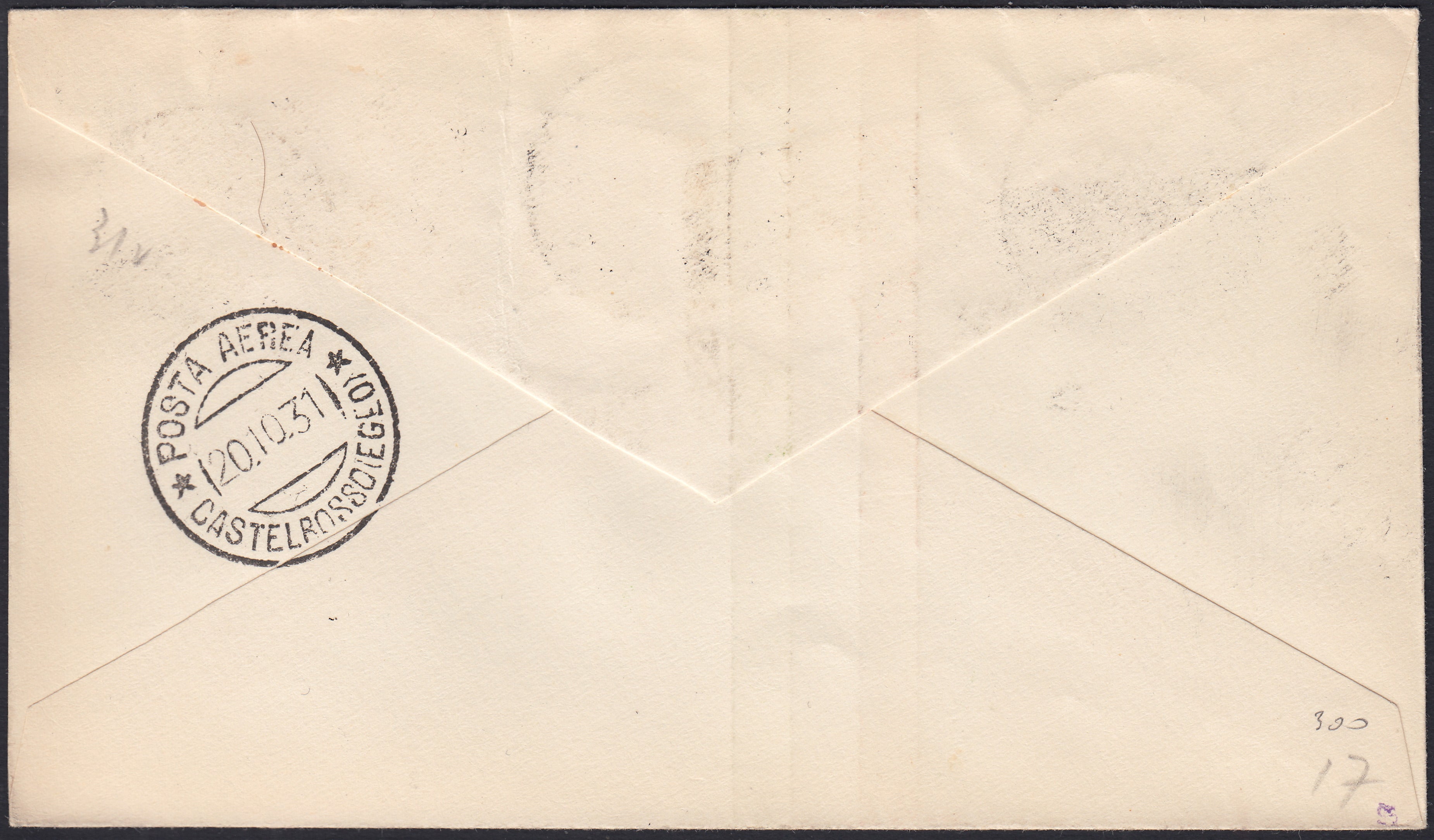 PA1085 - 1931 - Primo volo Brindisi - Castelrosso 19/10/31 con Virgilio c. 15 + Posta Aerea c. 50.