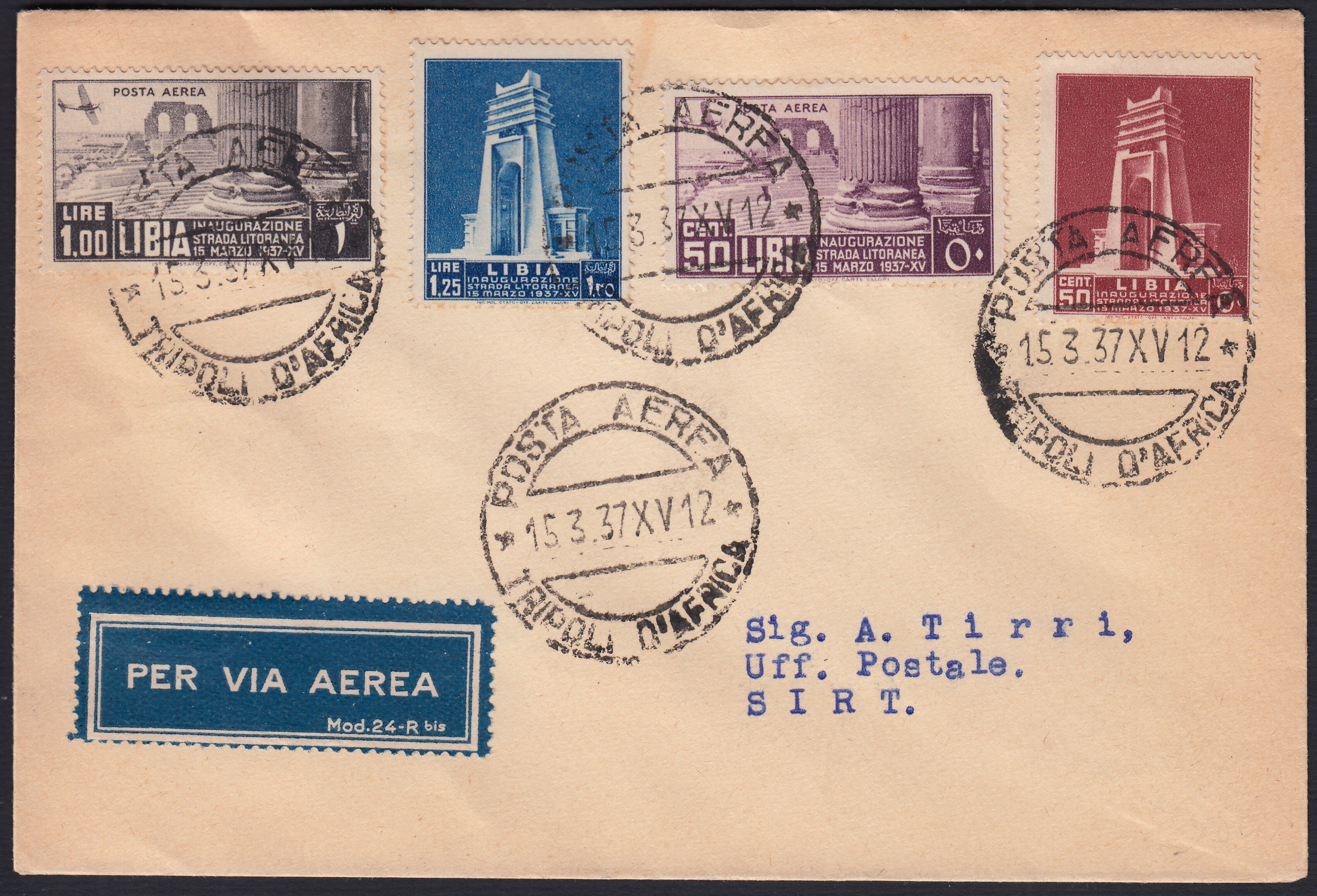 PA1087 - 1937 - Primo volo Tripoli-Sirt 15/3/37 con Litoranea serie completa di P.O. + P. A. (140, 141 + A30, A31)