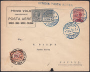 PA1088 - 1926 - Primo volo Genova-Roma-Napoli-Palermo, tappa Genova-Napoli 13/4/26 con c. 60 Michetti rosso + PAerea c. 60 grigio + uso segnatasse c. 30 ocra e arencio (111 + A3 + tax23)