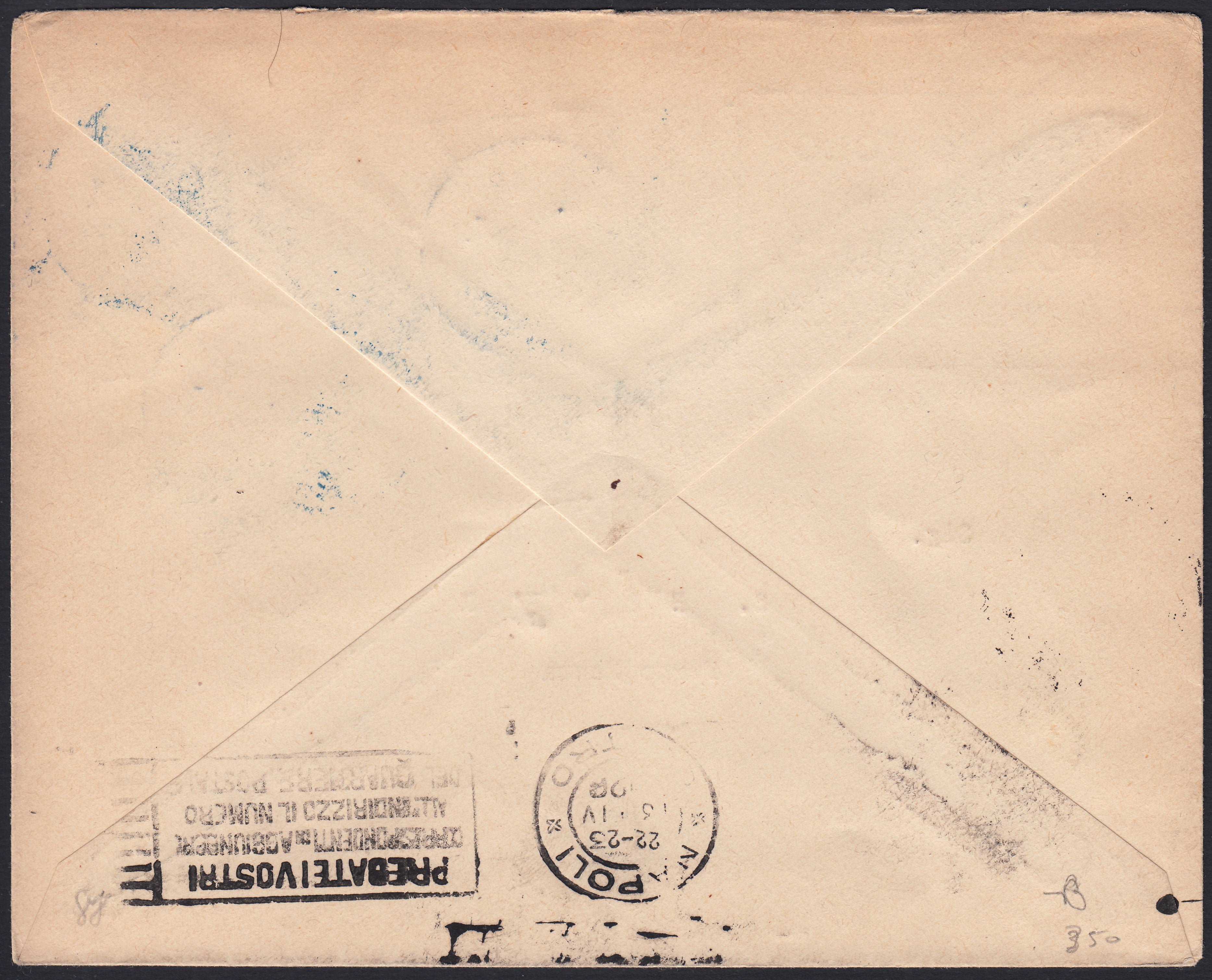 PA1088 - 1926 - Primo volo Genova-Roma-Napoli-Palermo, tappa Genova-Napoli 13/4/26 con c. 60 Michetti rosso + PAerea c. 60 grigio + uso segnatasse c. 30 ocra e arencio (111 + A3 + tax23)