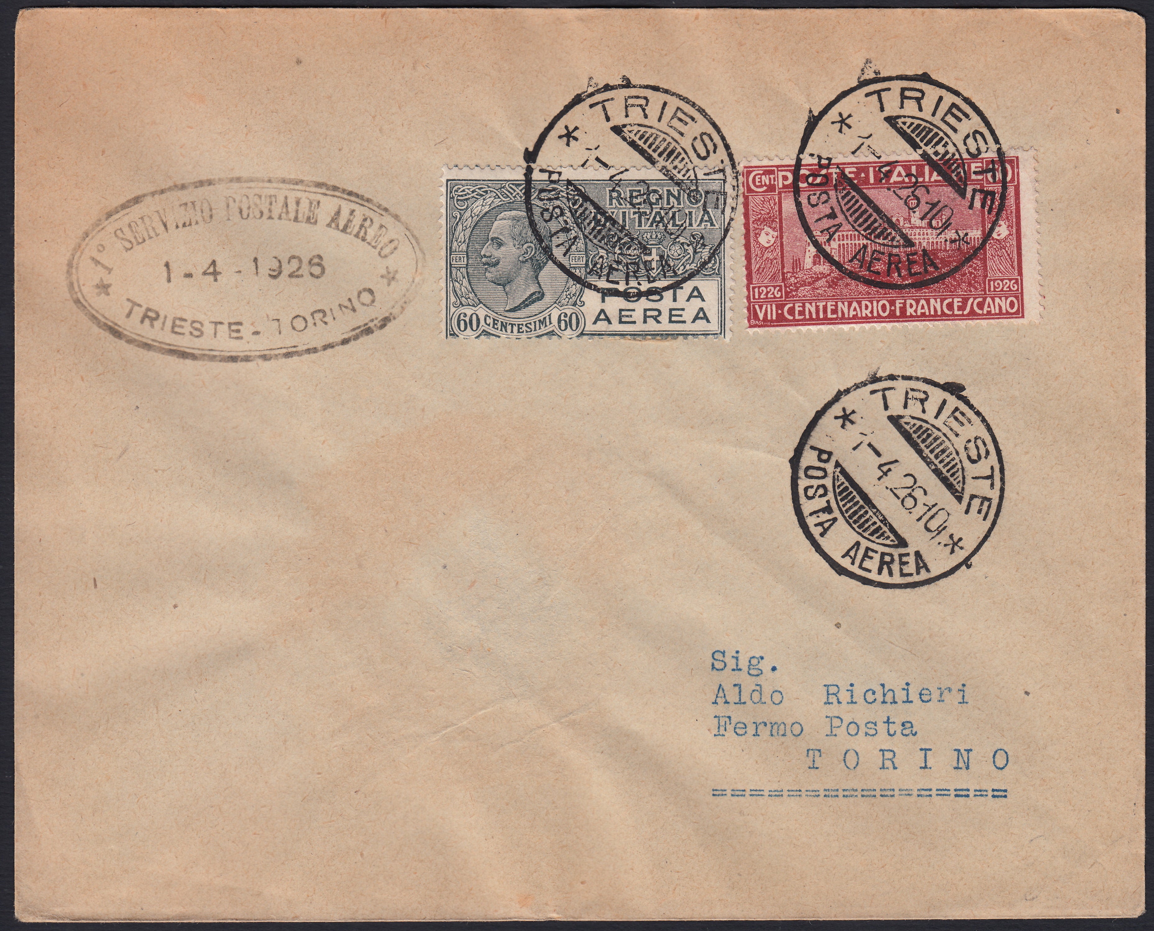 PA1089 - 1926 - 1° Servizio Postale Aereo Trieste Torino, tappa Trieste Torino 1/4/26 con c. 60 carminio Francescano + PAerea c. 60 grigio  (195 + A3)