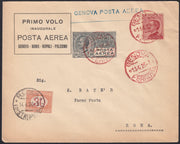 PA1090 - 1926 - Primo volo Genova-Roma-Napoli-Palermo, tappa Genova-Roma 13/4/26 con c. 60 Michetti rosso + PAerea c. 60 grigio + uso segnatasse c. 30 ocra e arencio (111 + A3 + tax23)