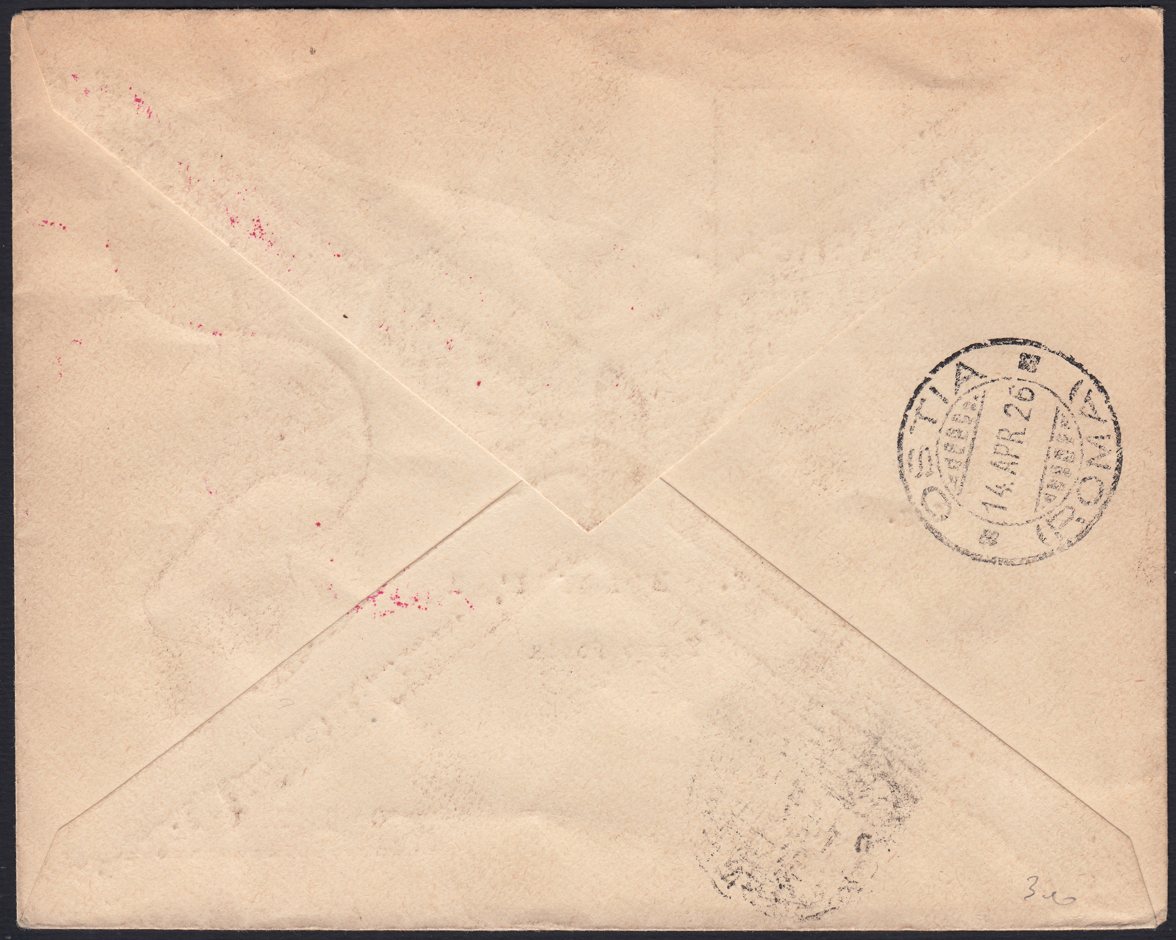 PA1091 - 1926 - Primo volo Genova-Roma-Napoli-Palermo, tappa Genova-Ostia 13/4/26 con c. 60 Michetti rosso + PAerea c. 60 grigio + uso segnatasse c. 30 ocra e arencio (111 + A3 + tax23)