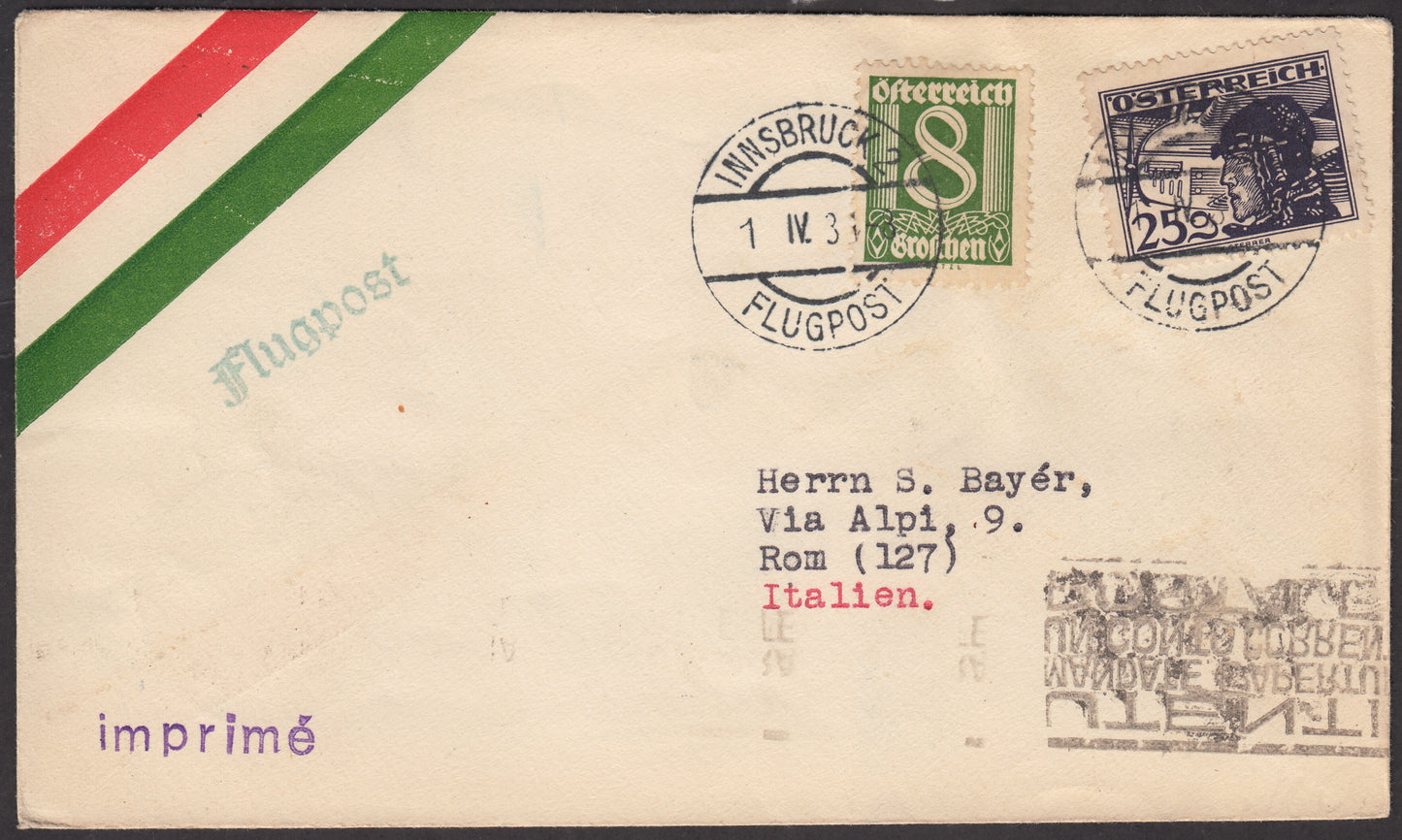 1931 - First flight Innsbruck - Rome 1/4/31 with Austrian stamps. 