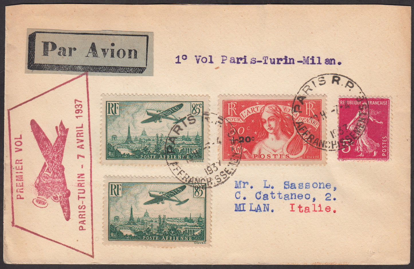 1937 - Primo volo Parigi - Torino - MIlano 7/4/37 con francobolli di Francia, diretta a Luigi Sassone