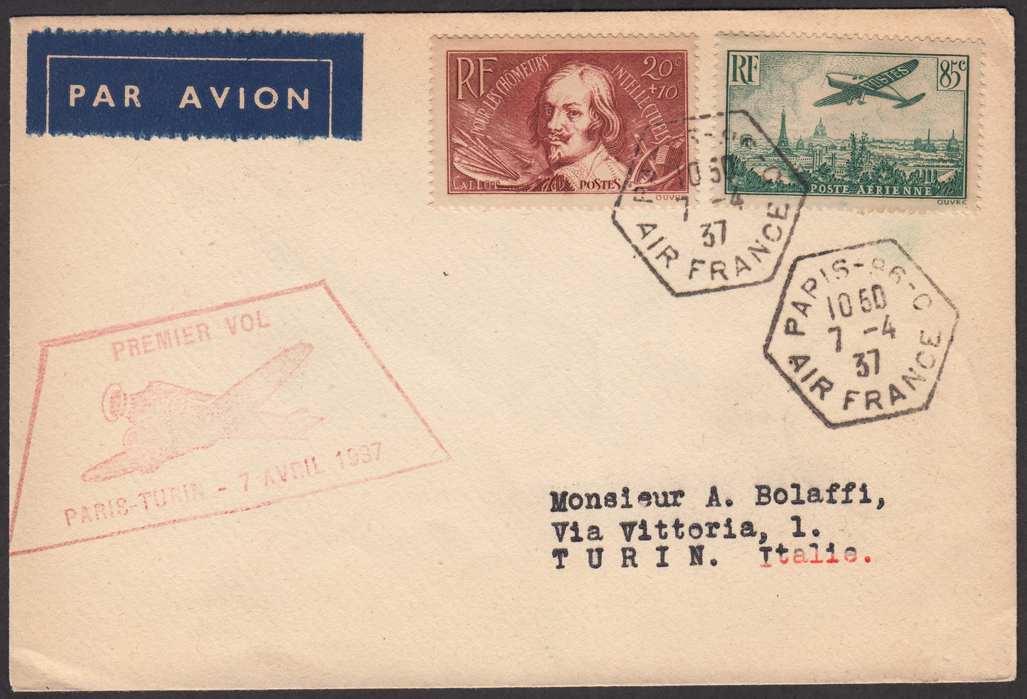 1937 - First flight Paris - Turin - 7/4/37 with French stamps, directed to Alberto Bolaffi Senior 