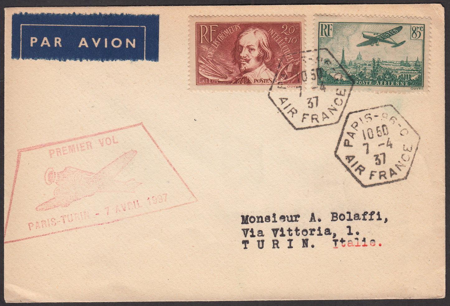 1937 - Primo volo Parigi - Torino - 7/4/37 con francobolli di Francia, diretta a Alberto Bolaffi Senior