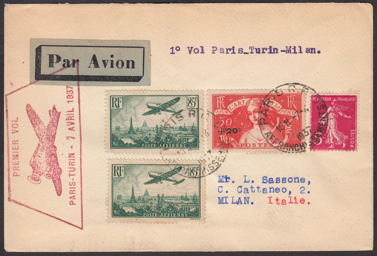 1937 - First flight Paris - Turin - Milan 7/4/37 with French stamps, directed to Luigi Sassone 